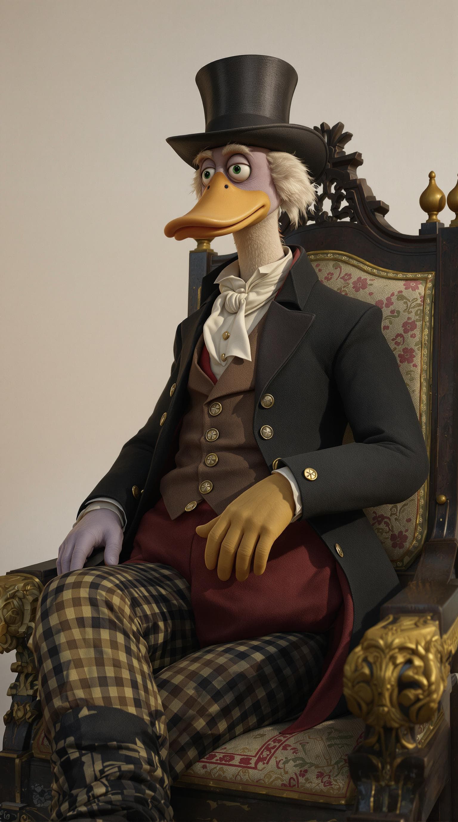 AI generated: old goose sitting on a chair from the 19th century he is dressed in a tailcoat, the photo is like a ...