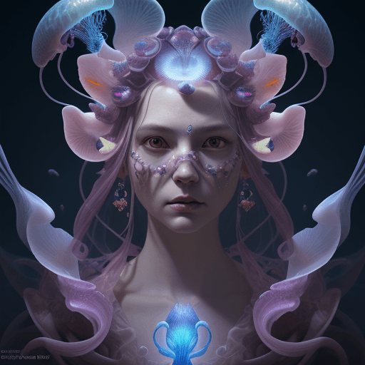 AI generated: Goddess close-up portrait ribcagel. jellyfish phoenix head, nautilus, orchid, skull, betta fish, bio...