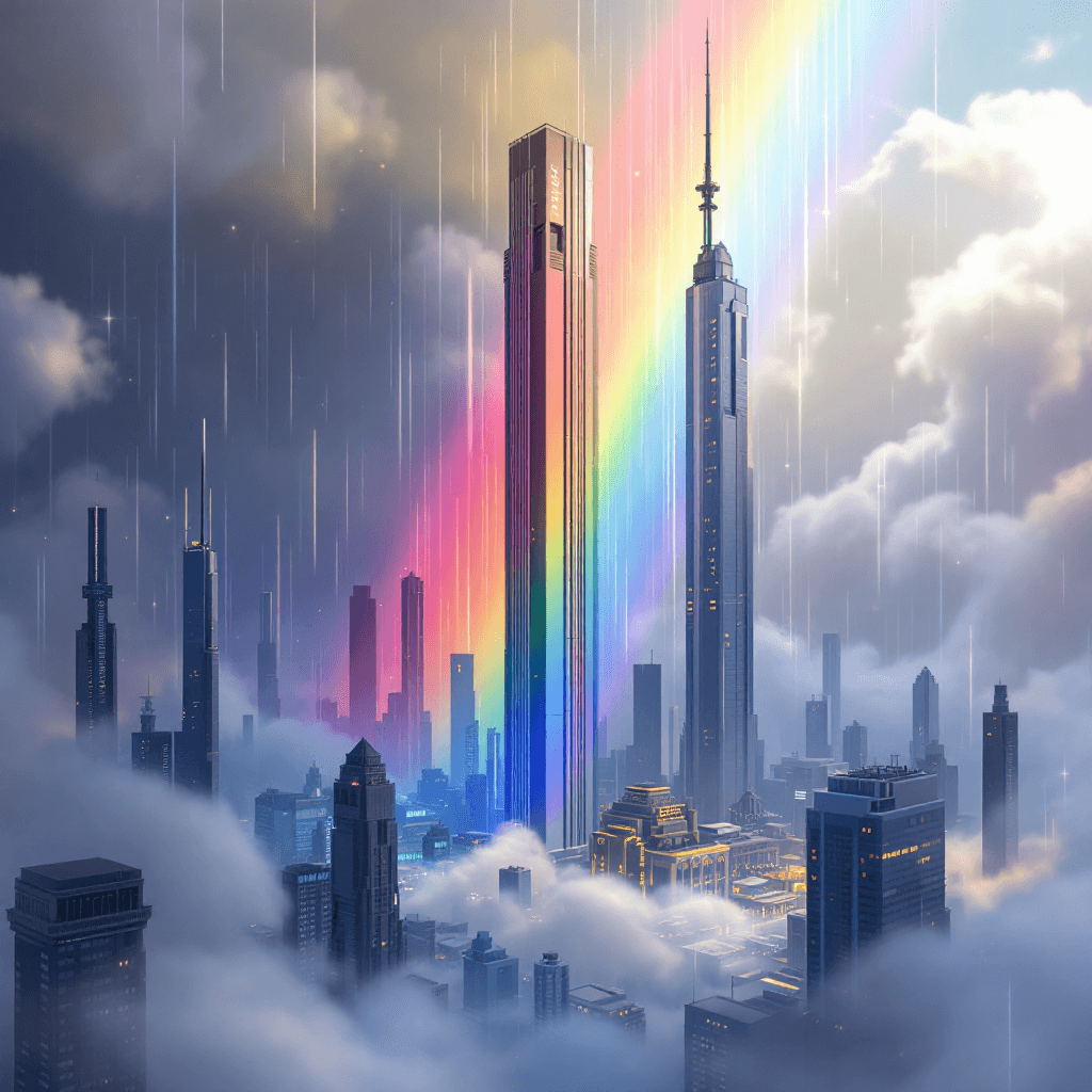 AI generated: RainBow WIth Skyscraper City, Heaven Spirits, Randomizer Generated With Dreamaland, Future