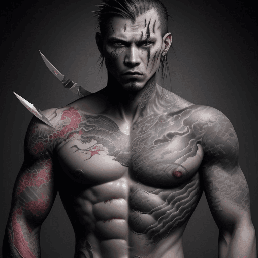 AI generated: a man with (scars all over his body:1.2), ((knife scars)), {{gunshot wounds}}, torture brandings, 2n...