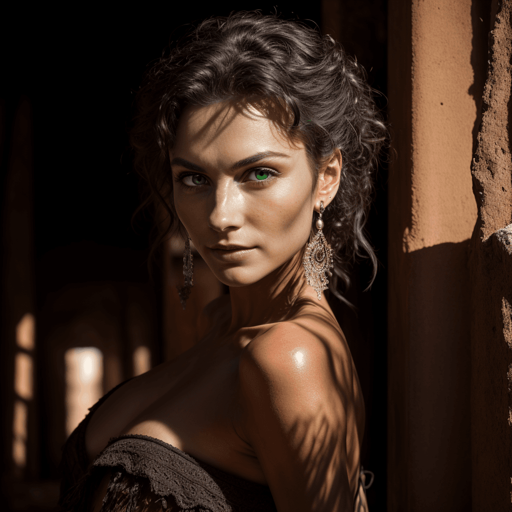 AI generated: dark background, dramatic light, backlight, rim lighting,pretty gypsy, woman, best quality, 4k, 8k, ...