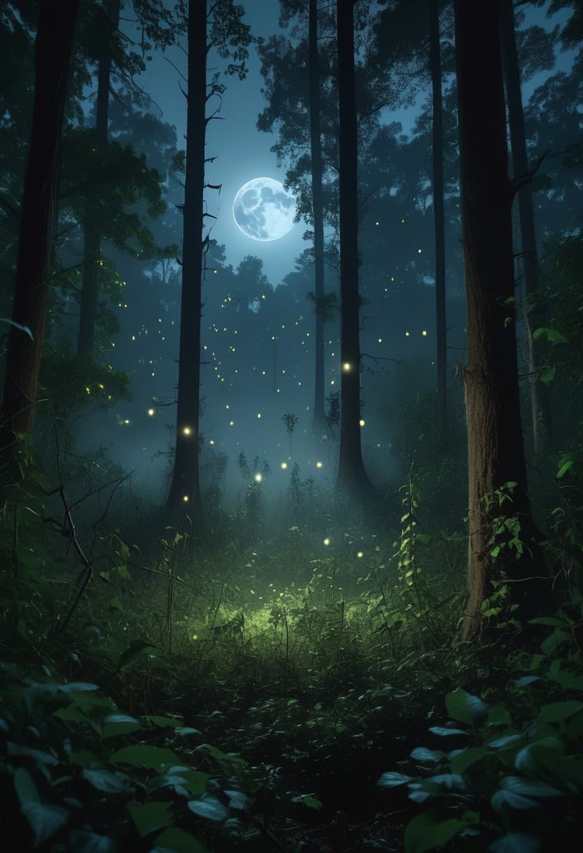 AI generated: A dense forest with towering trees and thick underbrush overgrown with vines at night under a full m...