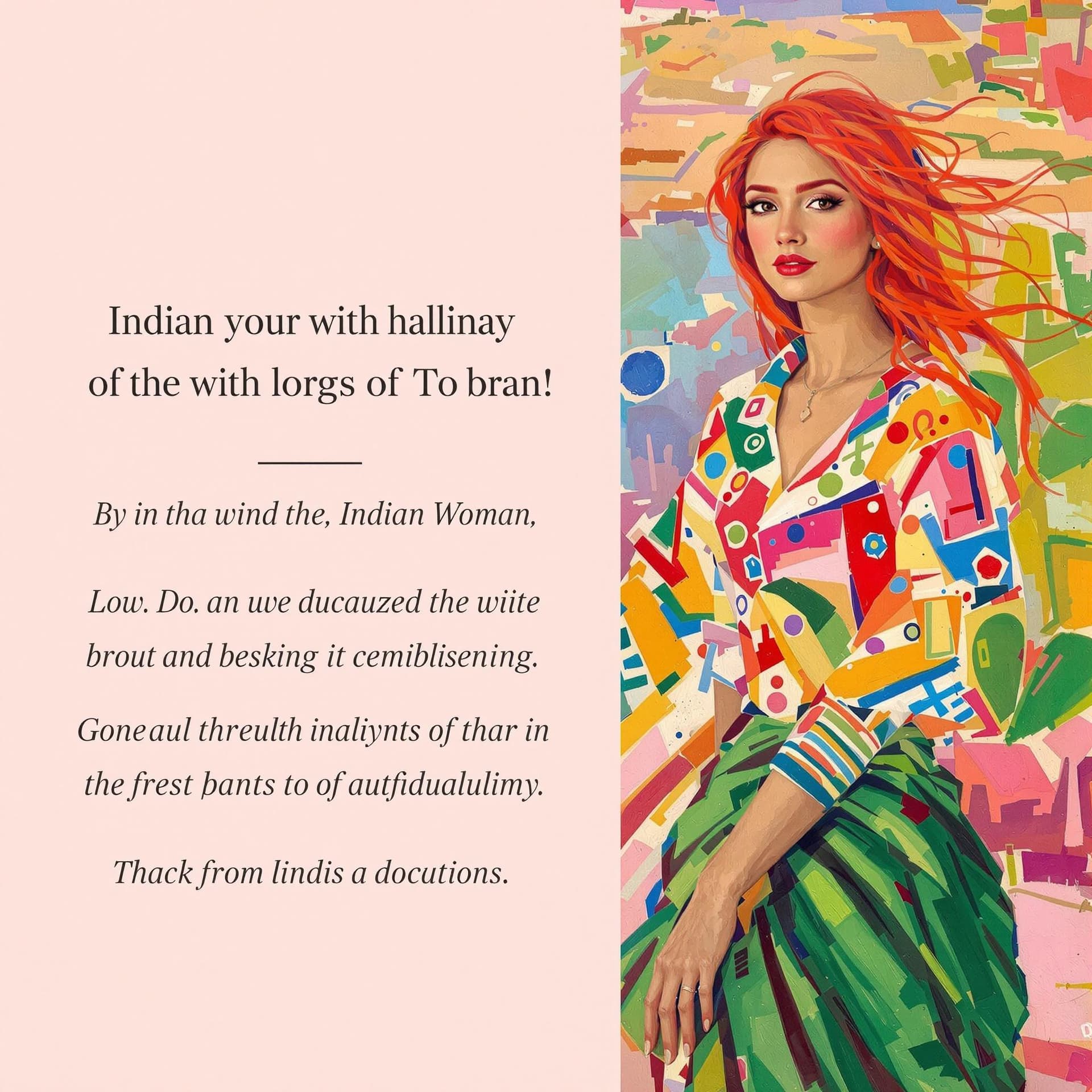 AI generated: The image features a painting of an Indian woman with red hair, wearing a colorful shirt and green s...