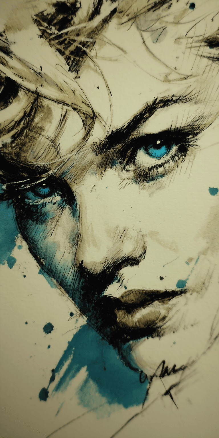 AI generated: An expressionist charcoal sketch, a stunning woman with piercing blue-green eyes, bold, intense, sou...