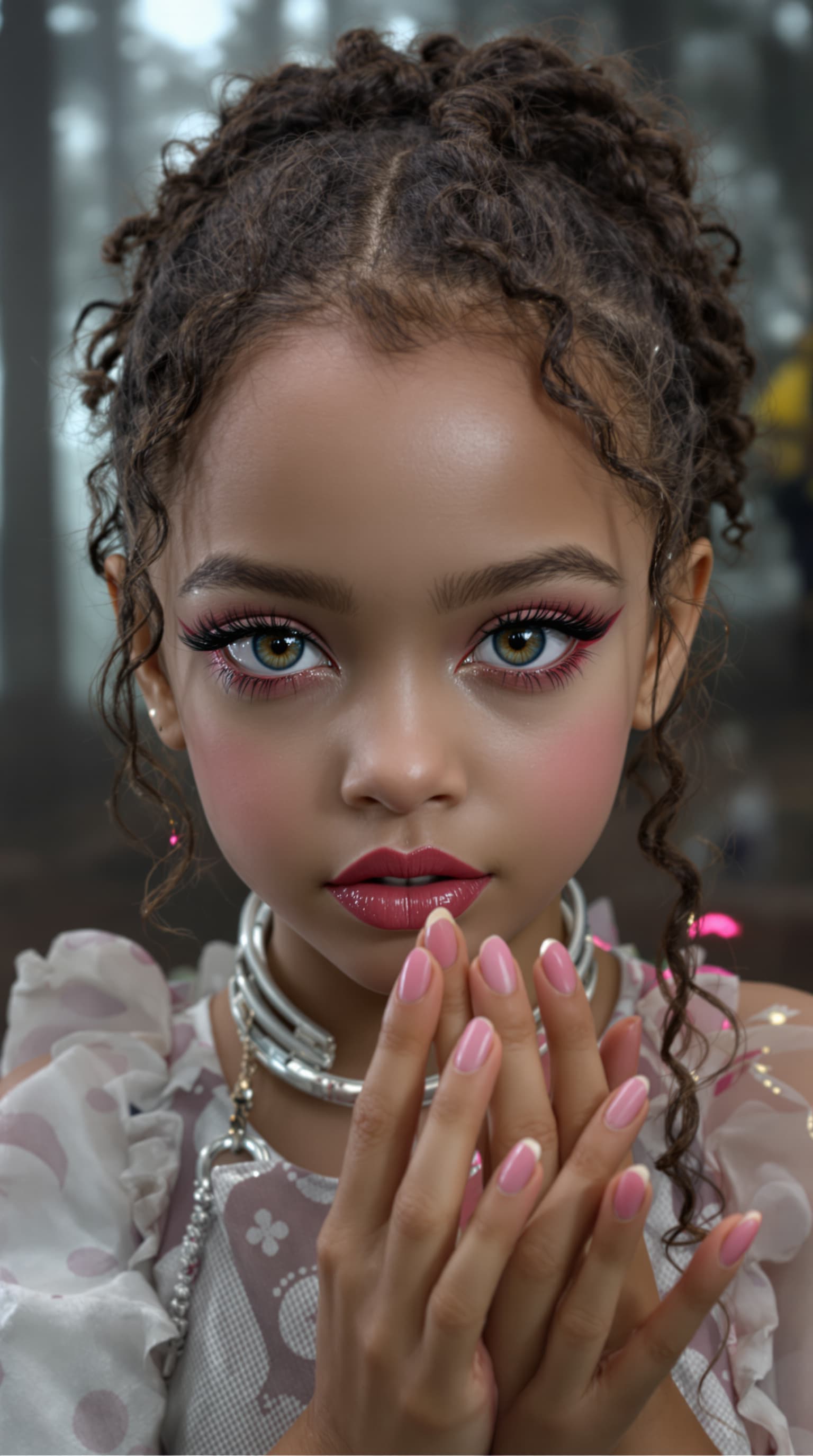 AI generated: A professional photograph of an extraordinarily beautiful seven-year-old girl with an evil aura, cap...
