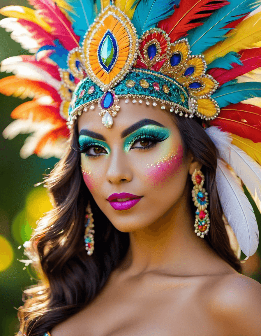 AI generated: upper body view of a beautiful Brazilian woman, wearing carnival headdress, carnival costume, intric...