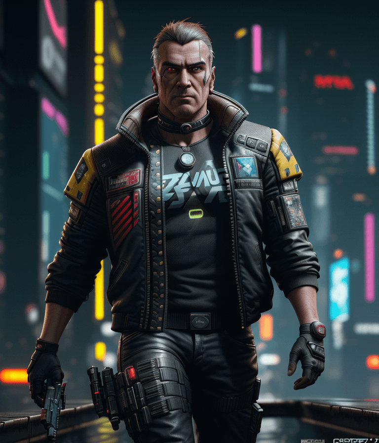 AI generated: a male protagonist of cyberpunk 2077 with a big jowline,it's a italian man,a tuft, brown hair, red e...