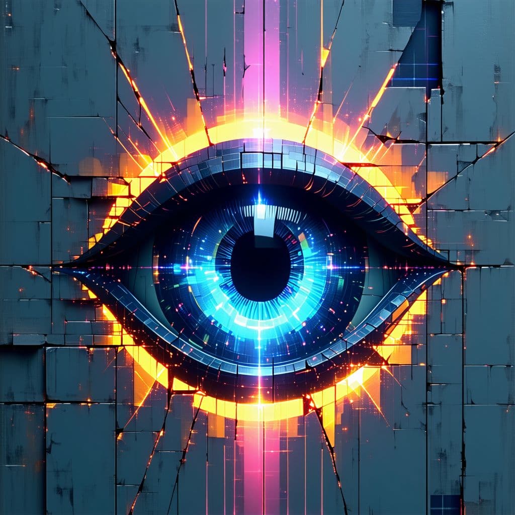 AI generated: Glitch-effect all-seeing eye icon with glowing fractal rays and broken VHS textures —v 5 --ar 1:1