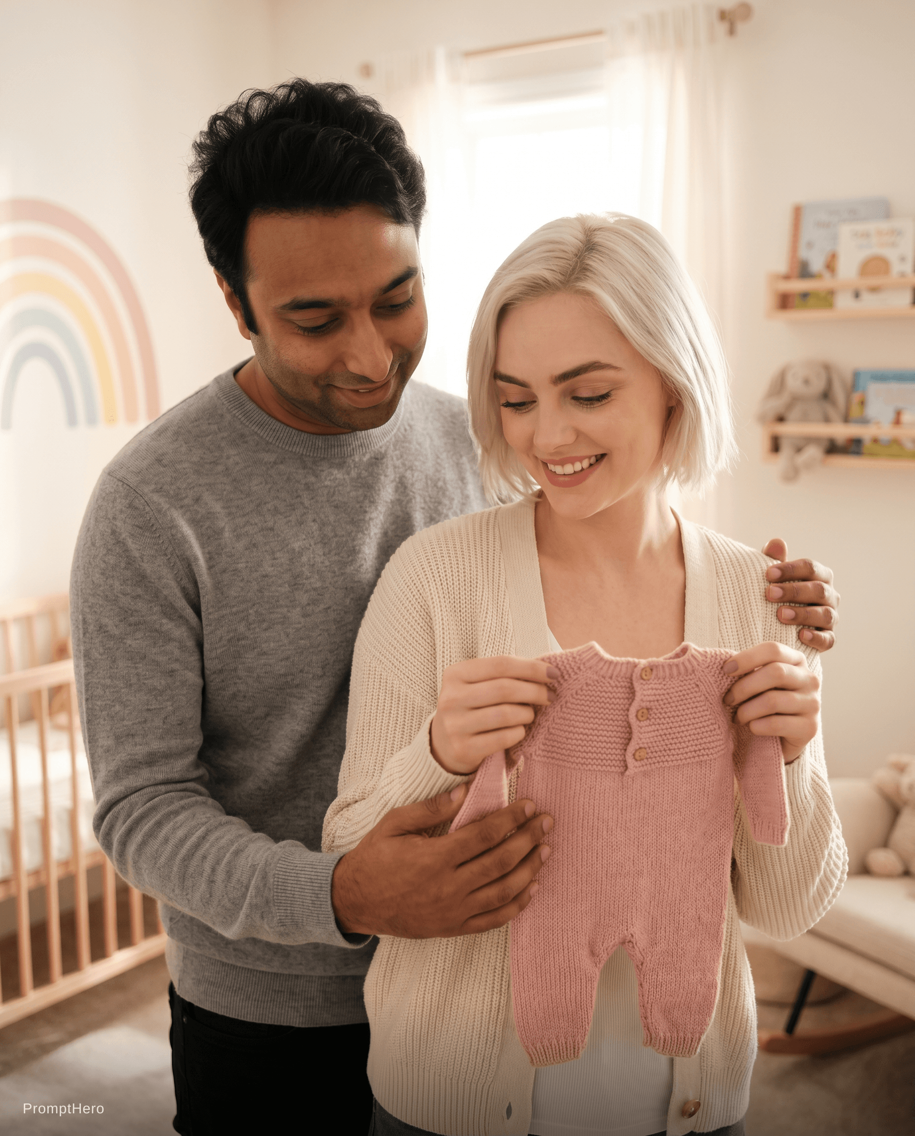 AI generated: Create a photo of a couple standing in a softly decorated nursery, holding up a tiny knitted baby ou...