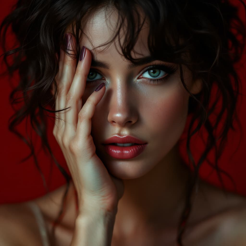 AI generated: image of a woman with a thoughtful expression, covering half of her face with her hand, pure red bac...