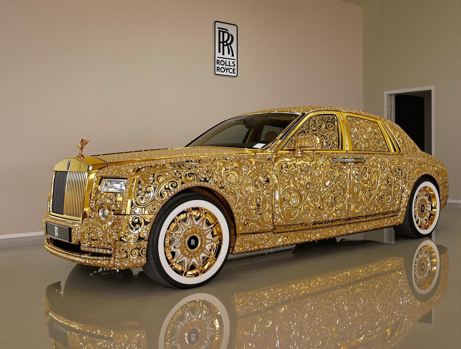 AI generated: The image displays a luxurious, custom-made Rolls-Royce sedan adorned with intricate gold filigree a...