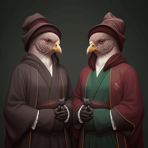AI generated: a picture of two people, wearing cloth hats and robes, in the style of realistic animal portraits, u...