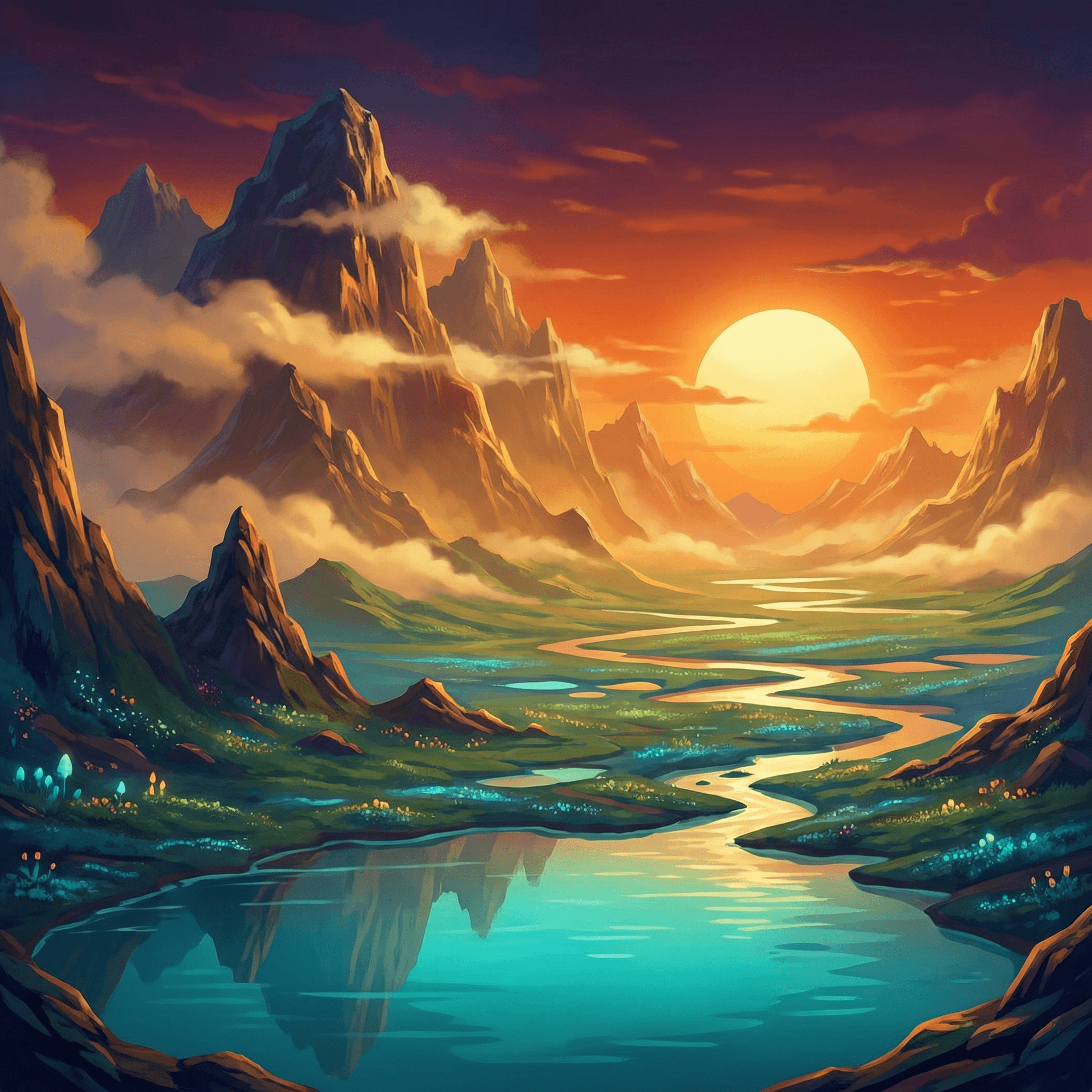 AI generated: undiscovered world, big mountains, sun, plains, water