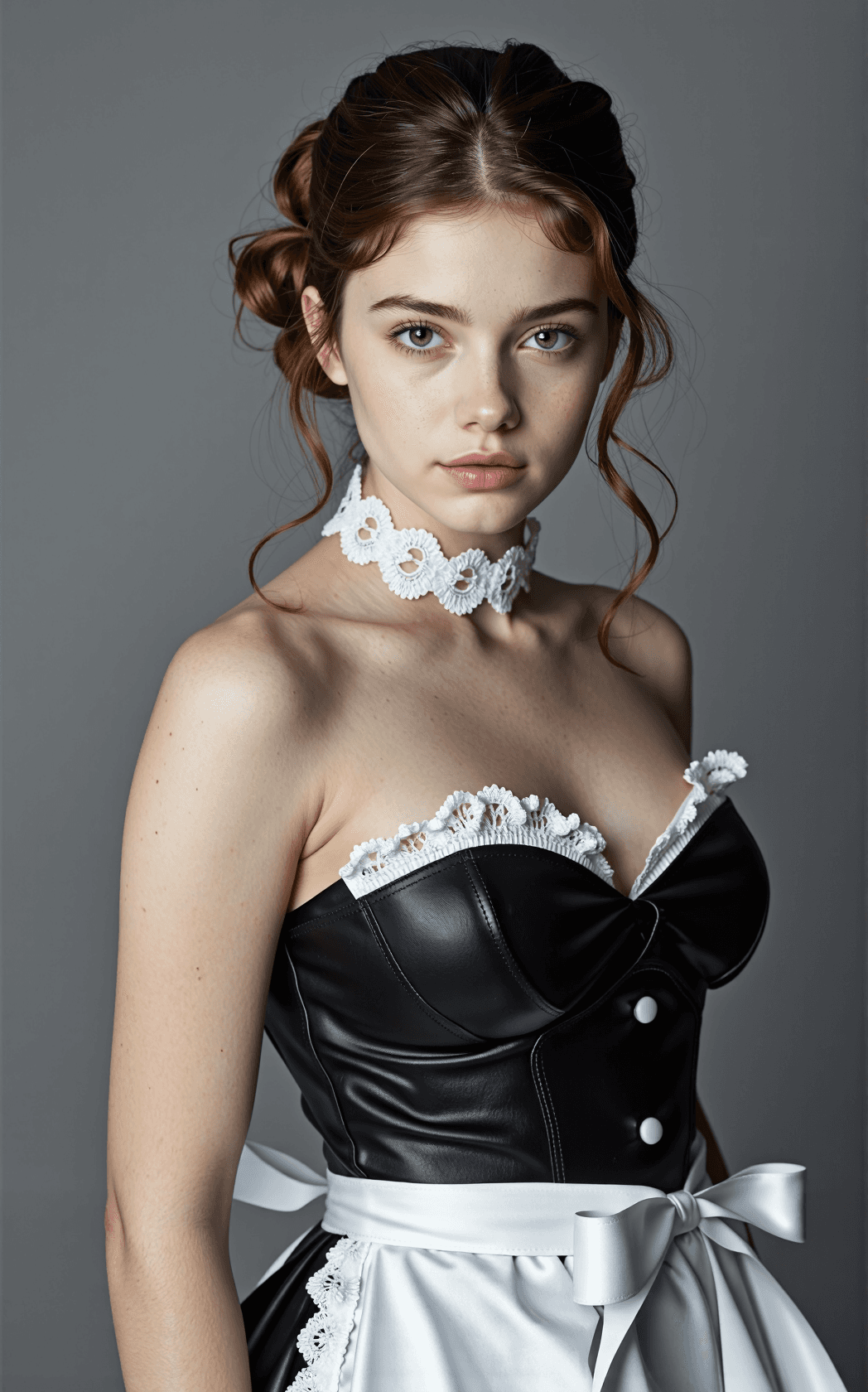 AI generated: A hyper-realistic studio portrait of a young woman with softly waved chestnut hair cascading over he...