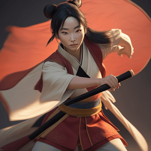 AI generated:  Fullbody portrait of mulan from disney, Exquisite detail, 30-megapixel, 4k, 85-mm-lens, sharp-focus...