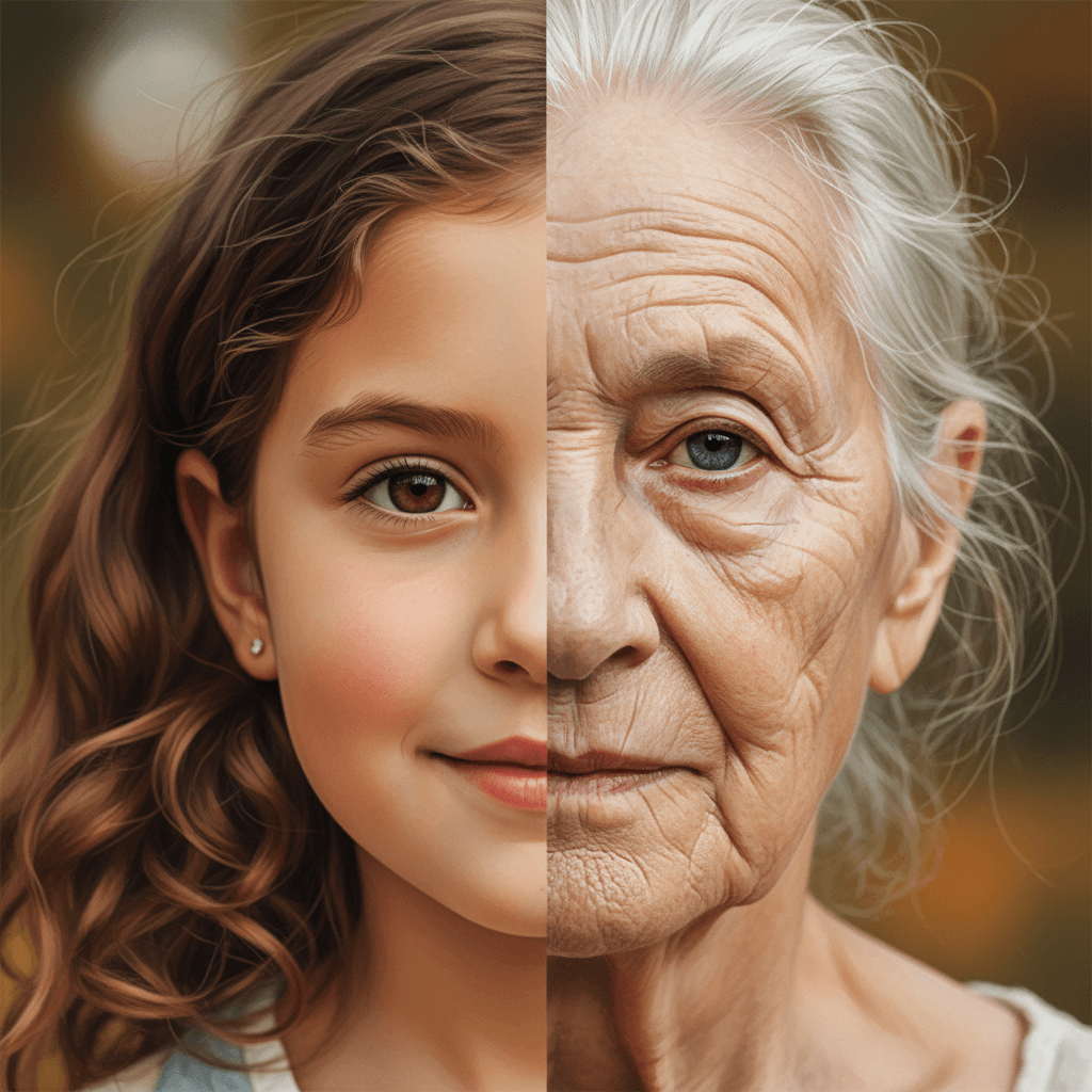 AI generated: A face, half young girls and half elderly people in their eighties --ar 4:5 --s 850 --niji 6