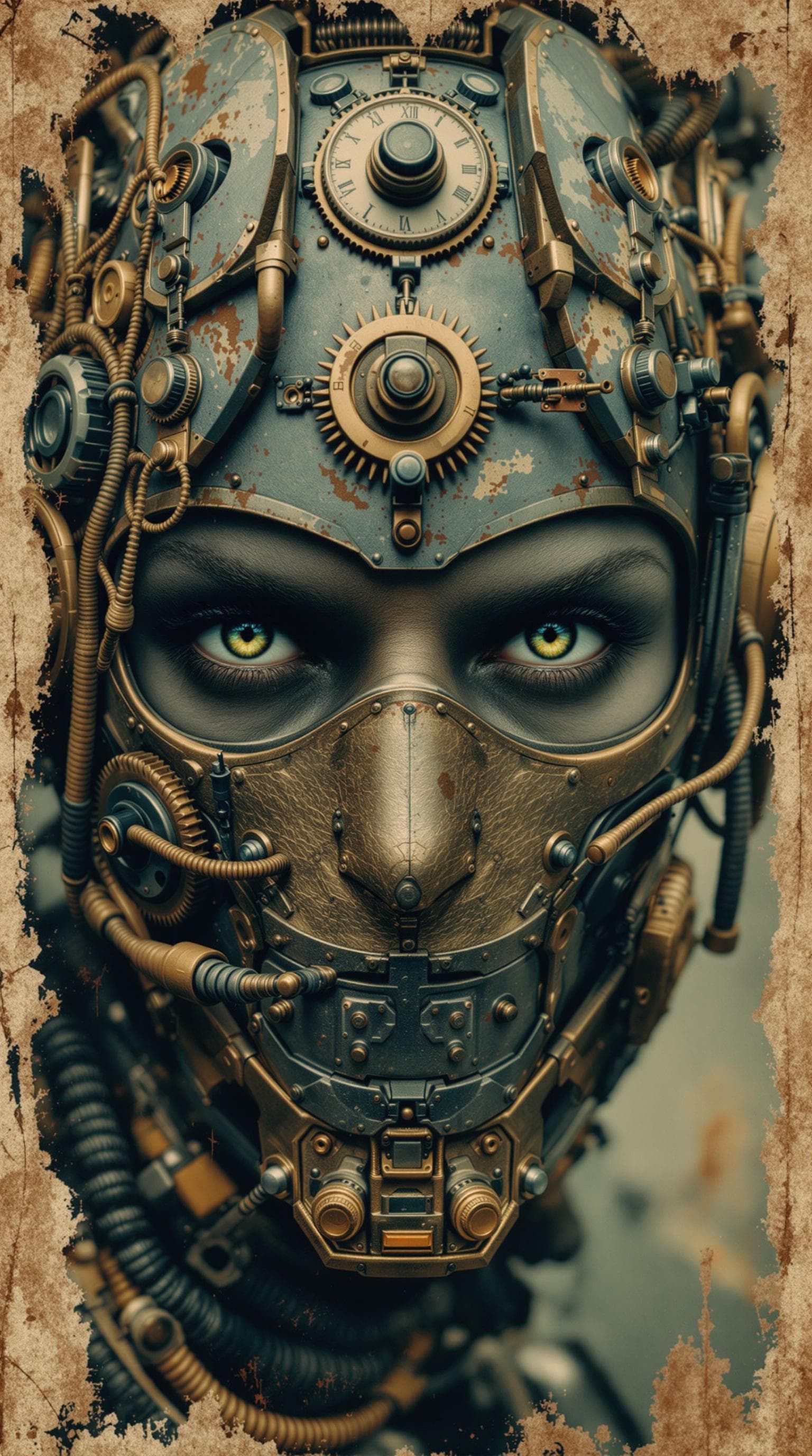 AI generated: A photo of a close- up of a humanoid figure adorned with intricate mechanical and steampunk elements...
