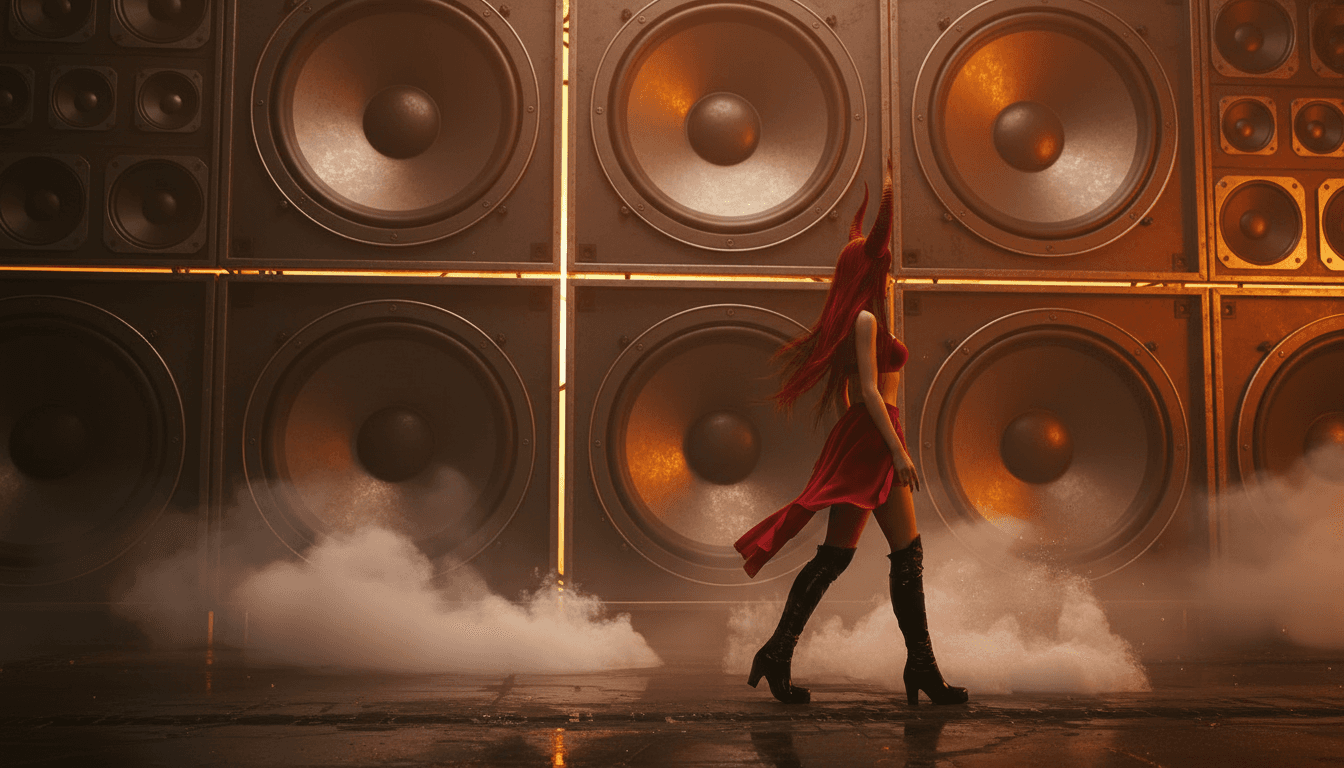 AI generated: Turn the camera 90 degrees right side. The background is a wall of huge loudspeakers
