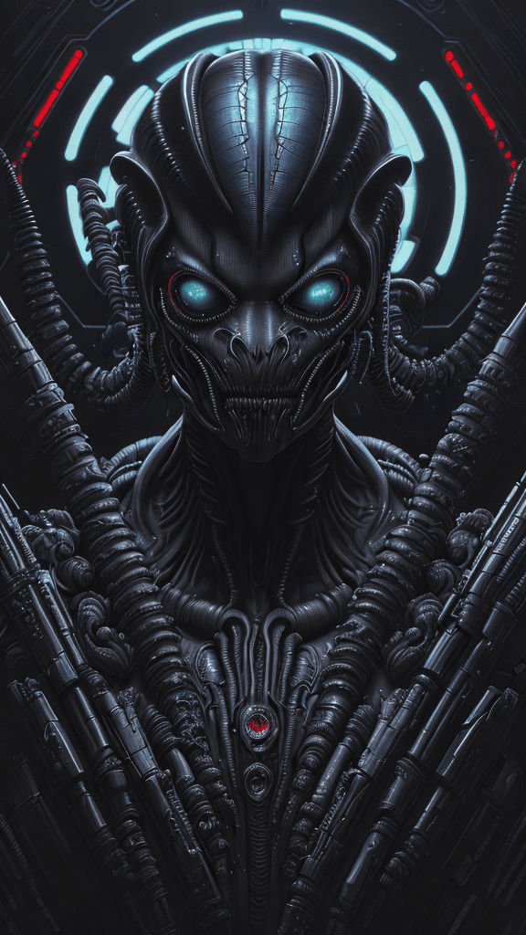 AI generated: "cyberpunk Xenomorph:4:1 КАЛЕКstyle headshot, a masterwork by H.R. Giger, invoking a profound sense ...
