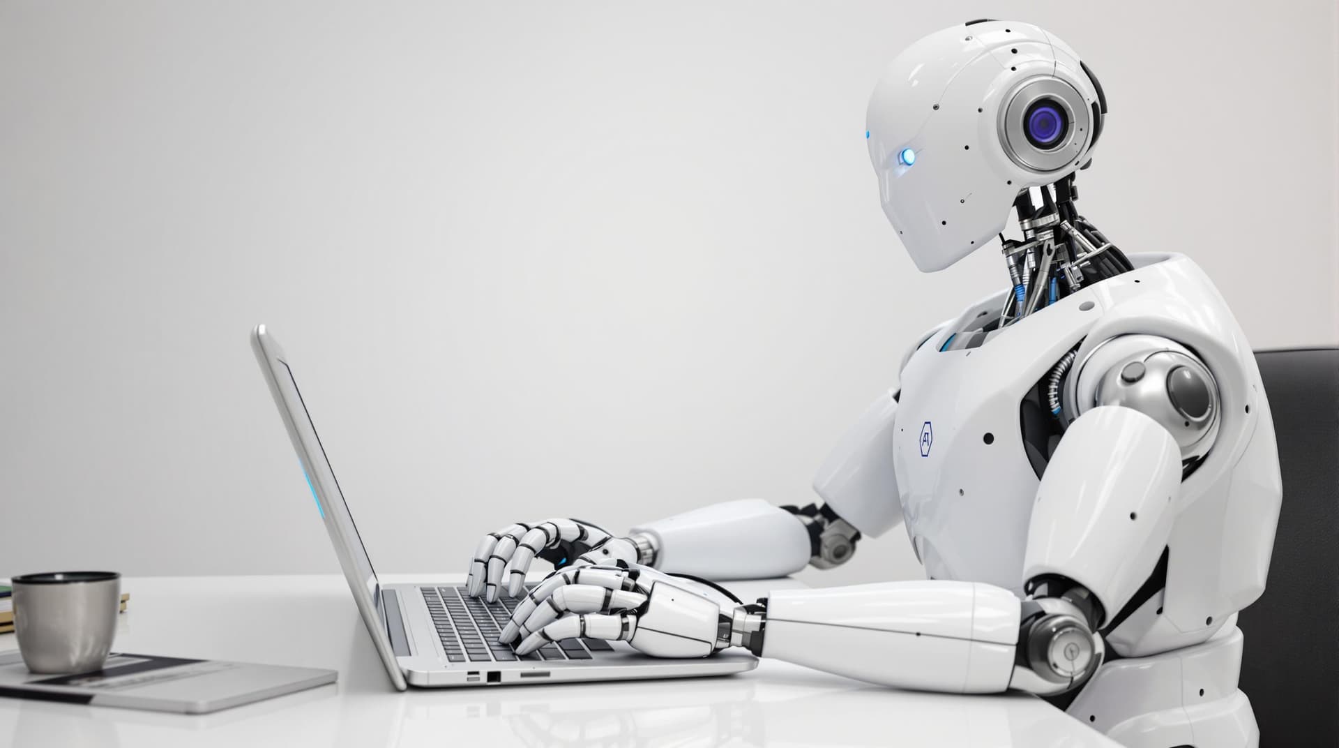 AI generated: "A realistic AI humanoid robot sitting at a desk, typing on a laptop. The robot's fingers are detail...
