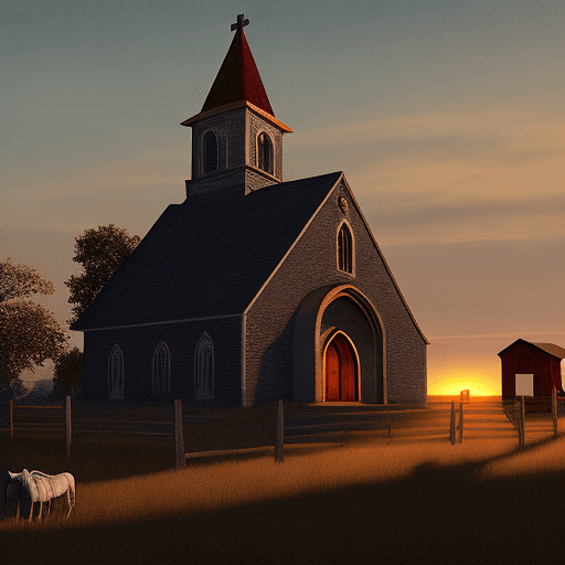 AI generated: old church at dusk, from the 1800s wild west with horses outside, high octane render