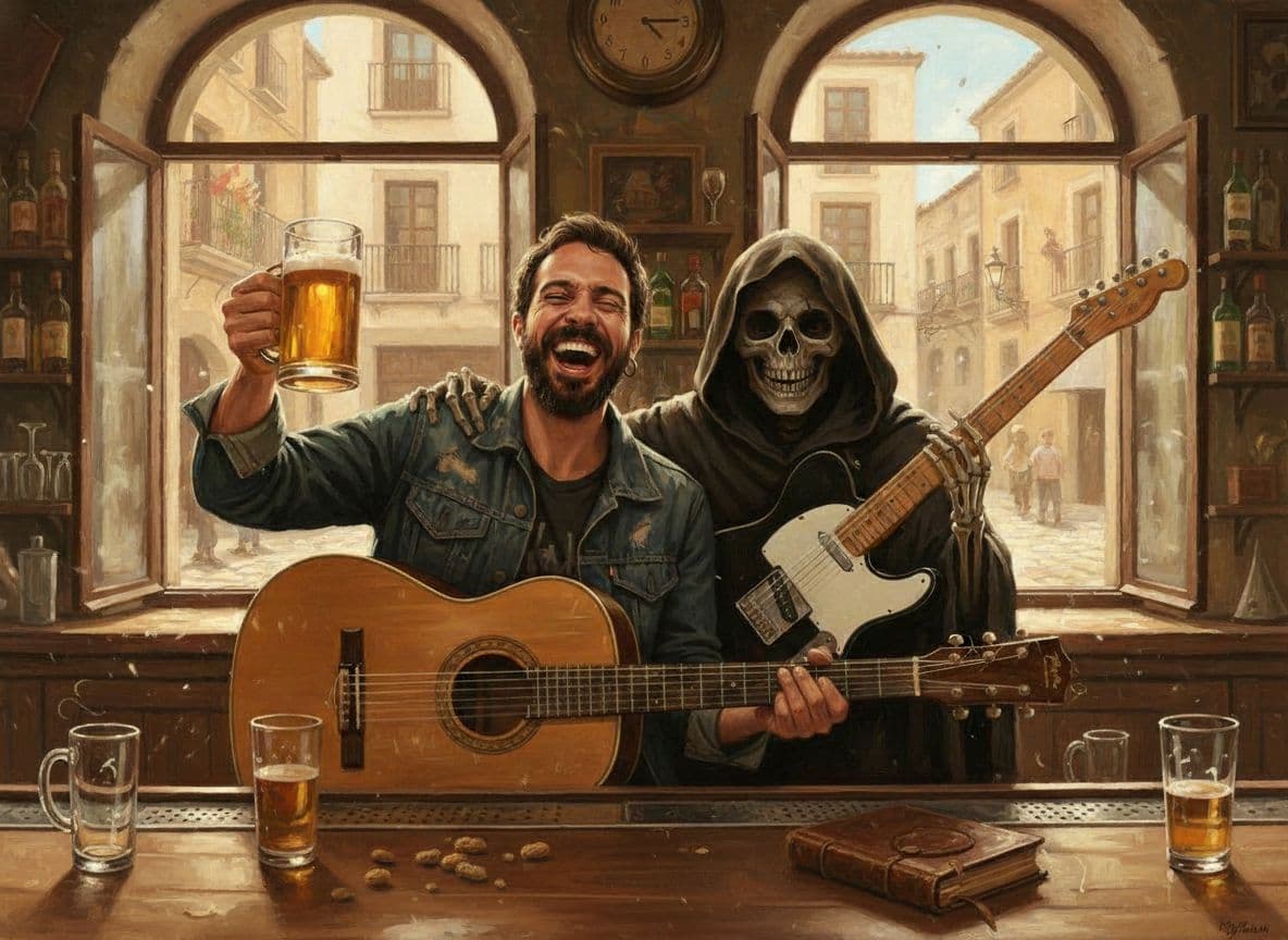 AI generated: the Grim Reaper sitting beside a man who is drinking beer and playing guitar in a cozy old bar, cine...