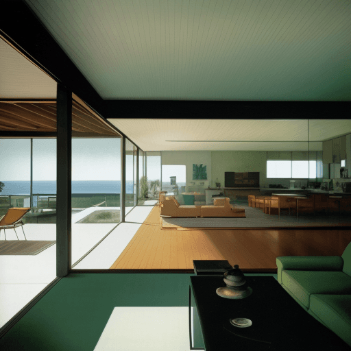 AI generated: Hyper realistic eye level exterior photo of a mid century modern style house overlooking the ocean, ...