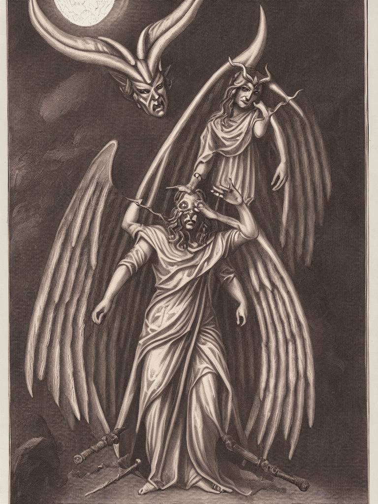 AI generated:  A mysterious demonic/angelic apostle figure, with horns and  huge bat wings sitting on a throne, gl...