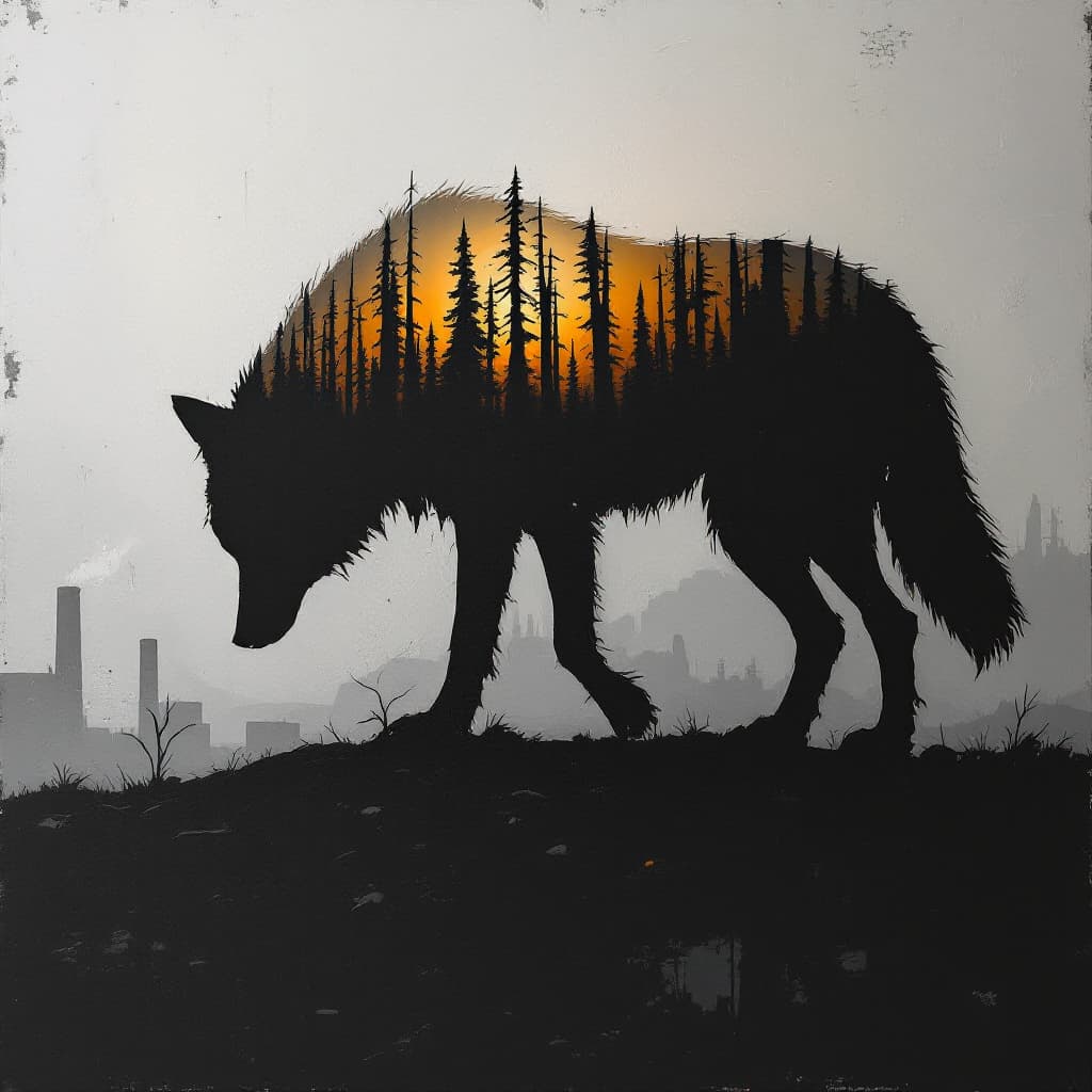 AI generated: oil painting, cardboard like silhouette of a sad wolf, head down, low tail, inside wolf silhouette, ...