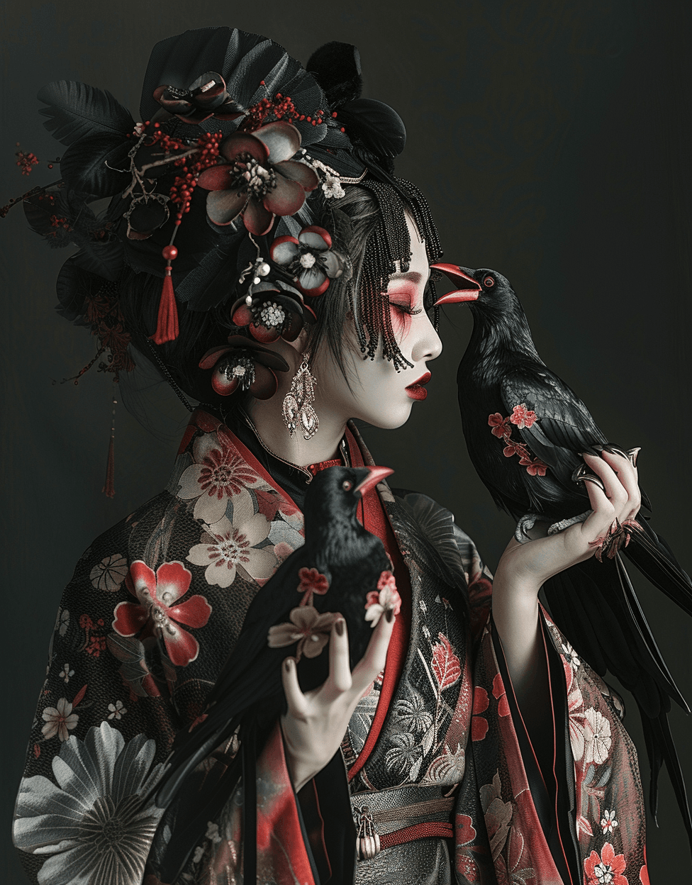 AI generated: a woman wearing an asian style costume with two birds on her hand, in the style of gothic realism, d...