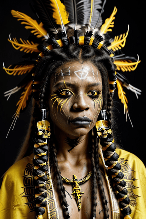 AI generated: Realistic beautiful youthful Voodoo priestess, intense expression, yellowish eyes, voodoo headdress ...