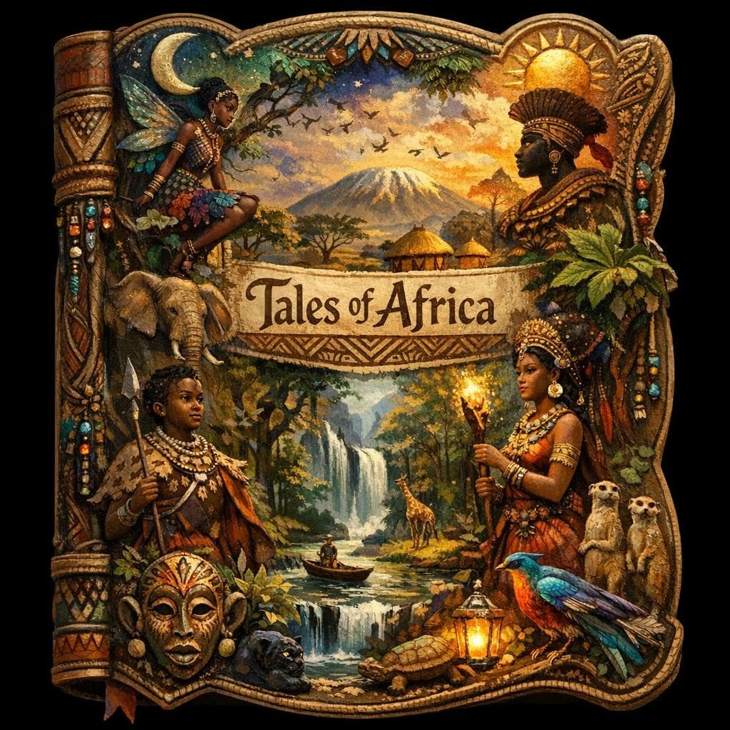 AI generated: African version of an elaborate fairy tale book cover, mixed media style, enchanting mood. Shaped li...
