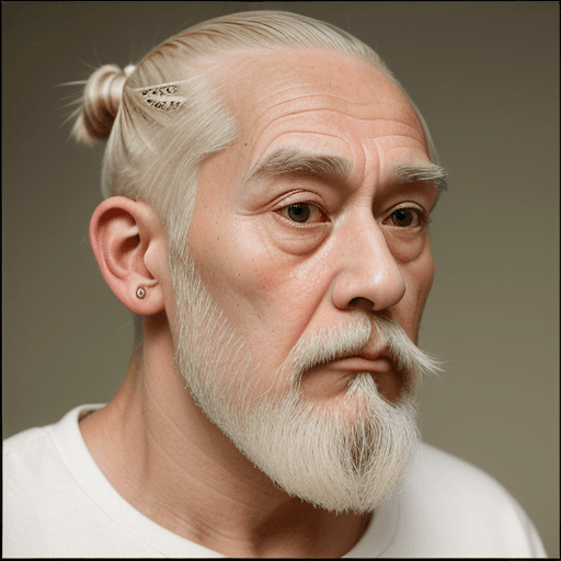 AI generated: An old man, with white skin, a top knot as haircut, blond hair, hooked nose, thin almond eyes, upwar...