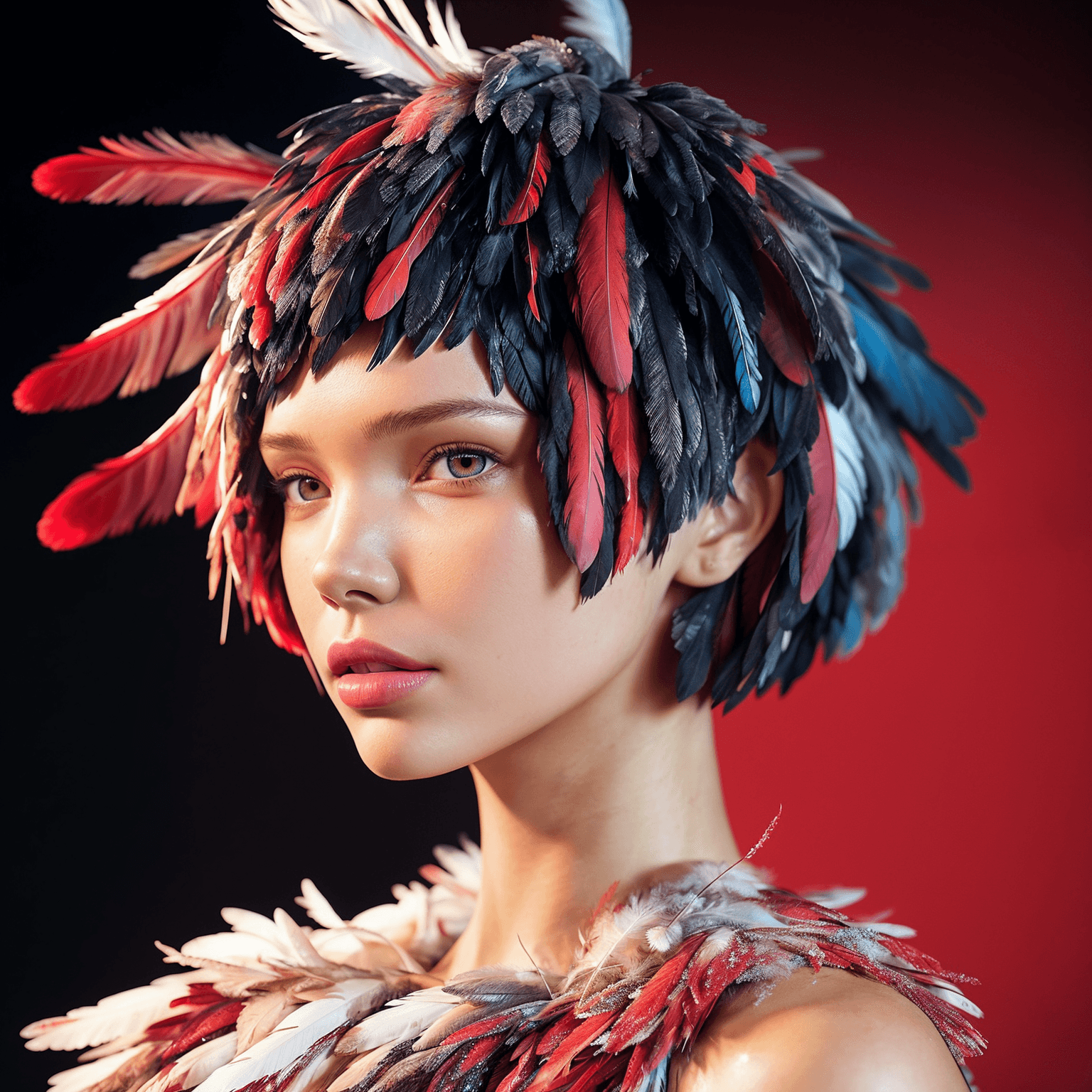 AI generated: [photo by Zemer Peled of] (photo of girl sasha luss feathers haircut made of feathers ) [made by Zem...