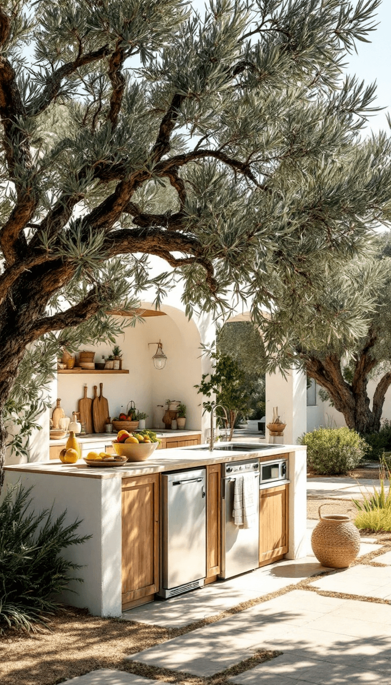 AI generated: photo of a gorgeous sunlit outdoor kitchen in Ibiza style, Spanish finca, Ibiza, big olive tree, sum...
