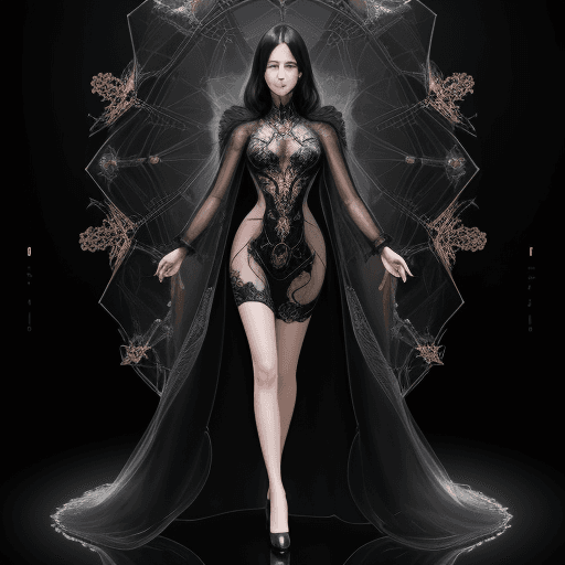 AI generated: beautiful woman, black transparent coat, full body shot, eyes closed, proffesional photoshoot, symme...