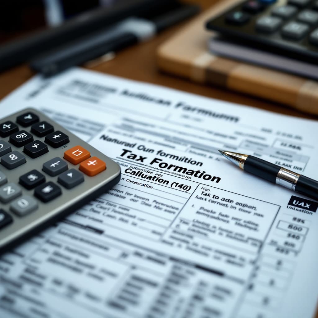 AI generated: A tax form and calculator on a desk. dslr, ultra quality, sharp focus, tack sharp, dof, film grain, ...