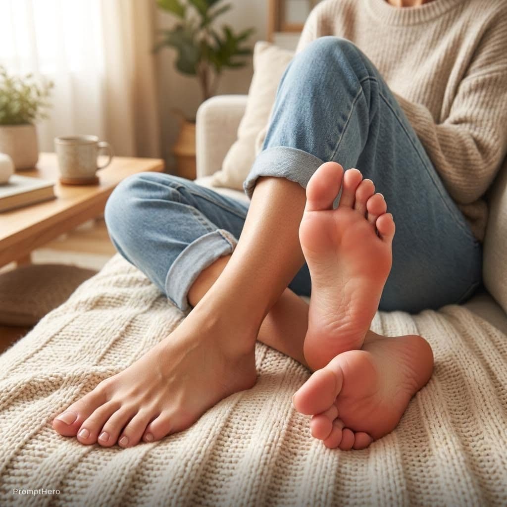 AI generated: Continue her thighs and pink beautiful feet and soles
