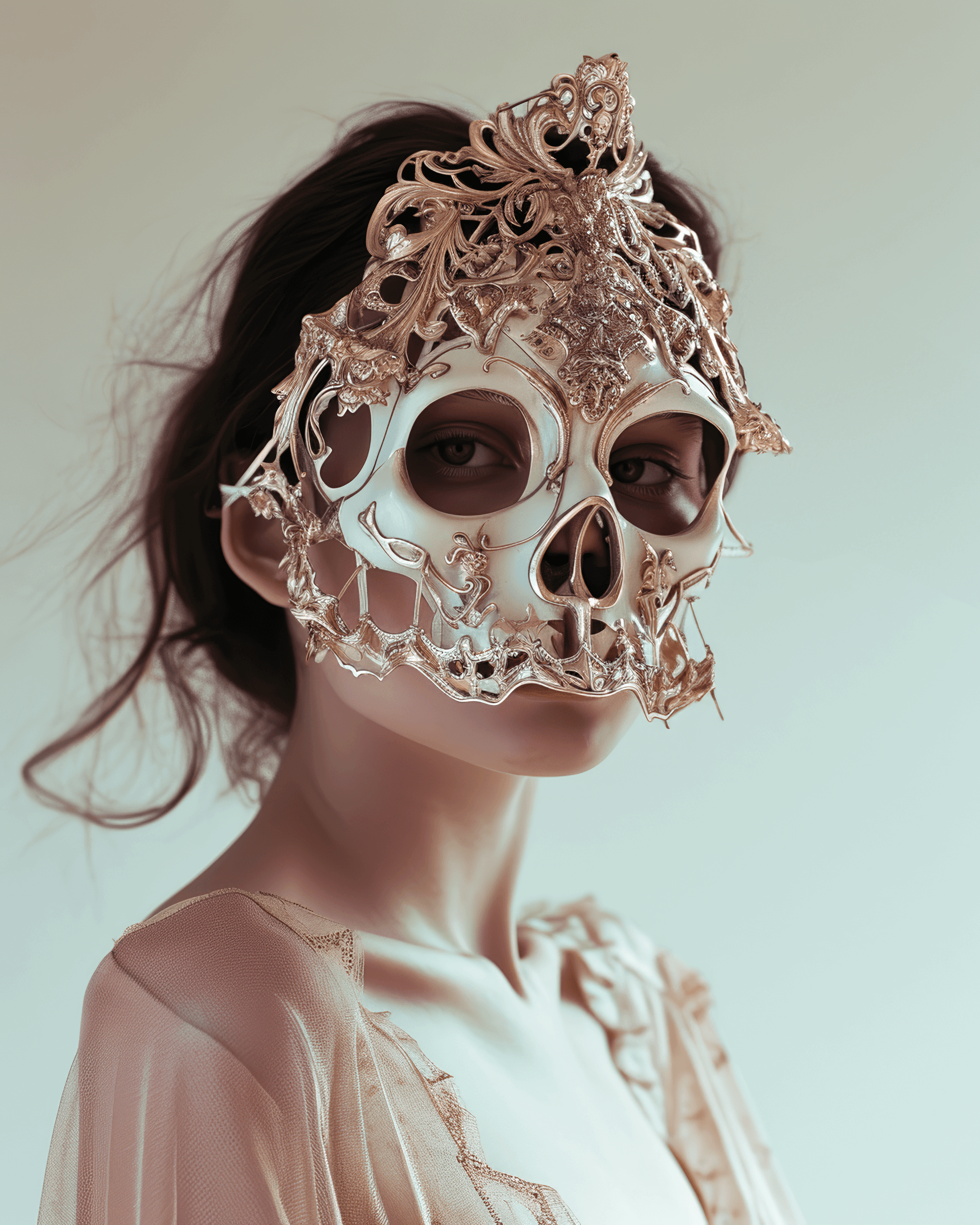 AI generated: photo portrait of a woman wearing a skull and bone mask, in the style of rose gold and white, lookin...