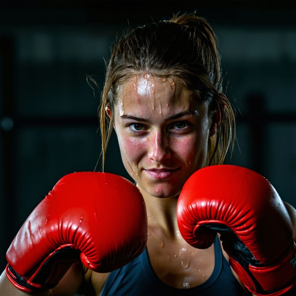 AI generated: cinematic photo A photo of a (focused athlete:1.3), (intensity in her eyes:1.2), (red boxing gloves:...