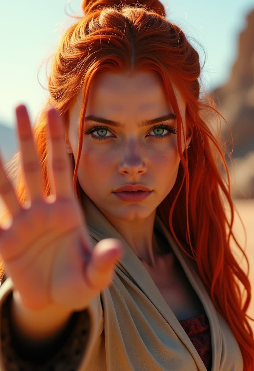 AI generated: Close up an attractive female jedi waving her hand at the viewer.
She has long bright red hair and ...