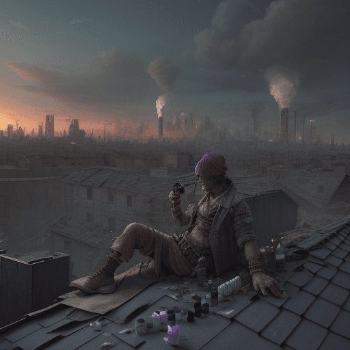 AI generated: someone takes medicine on a roof and in the background is a destroyed world, there also a party goin...