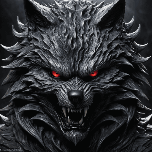 AI generated: wolf from hell with a hellihley evil face, TENEBROSO DARK FANTASY, catcore