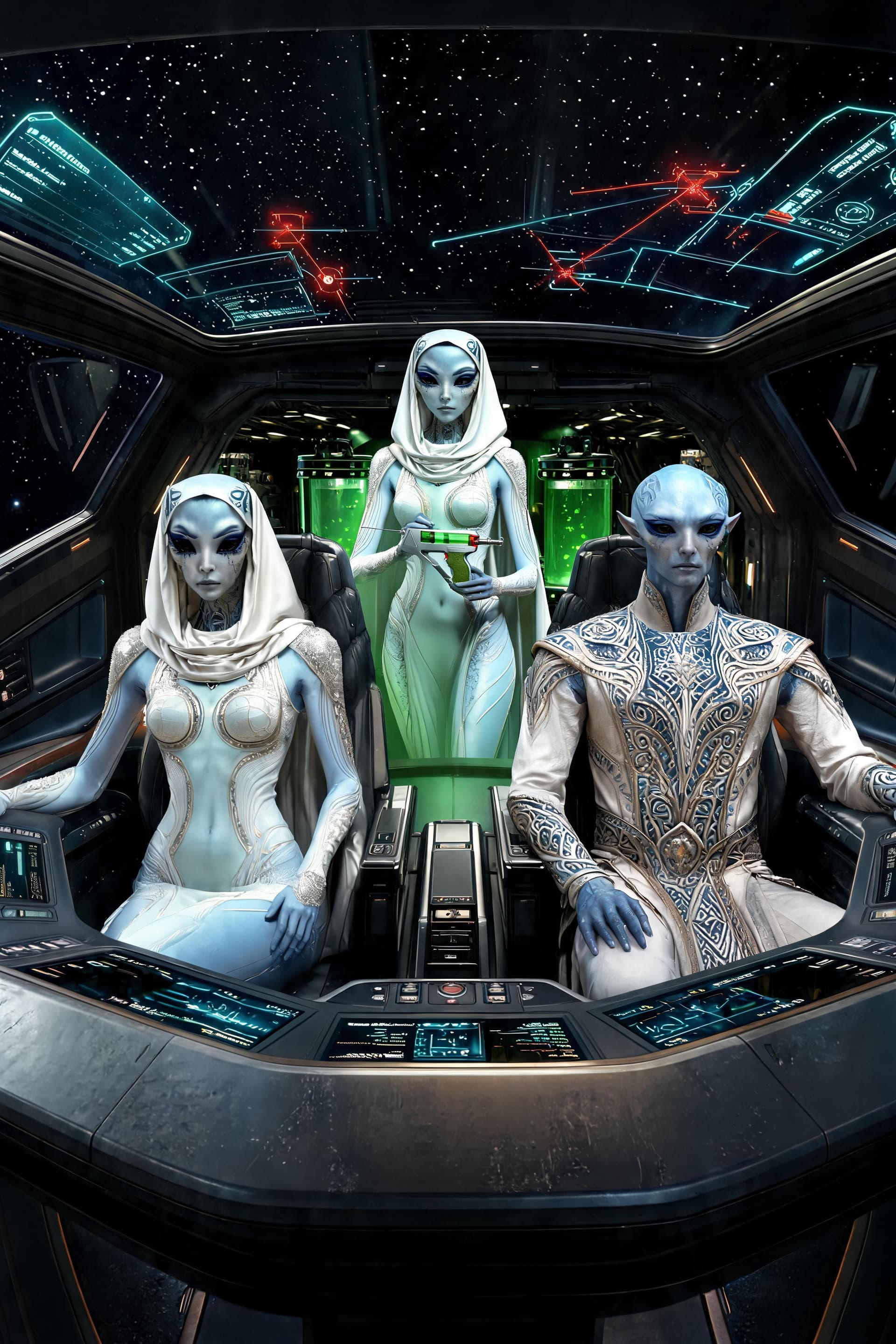 AI generated: Ultra-detailed cinematic sci-fi spacecraft cockpit traveling through deep space. The pale blue femal...