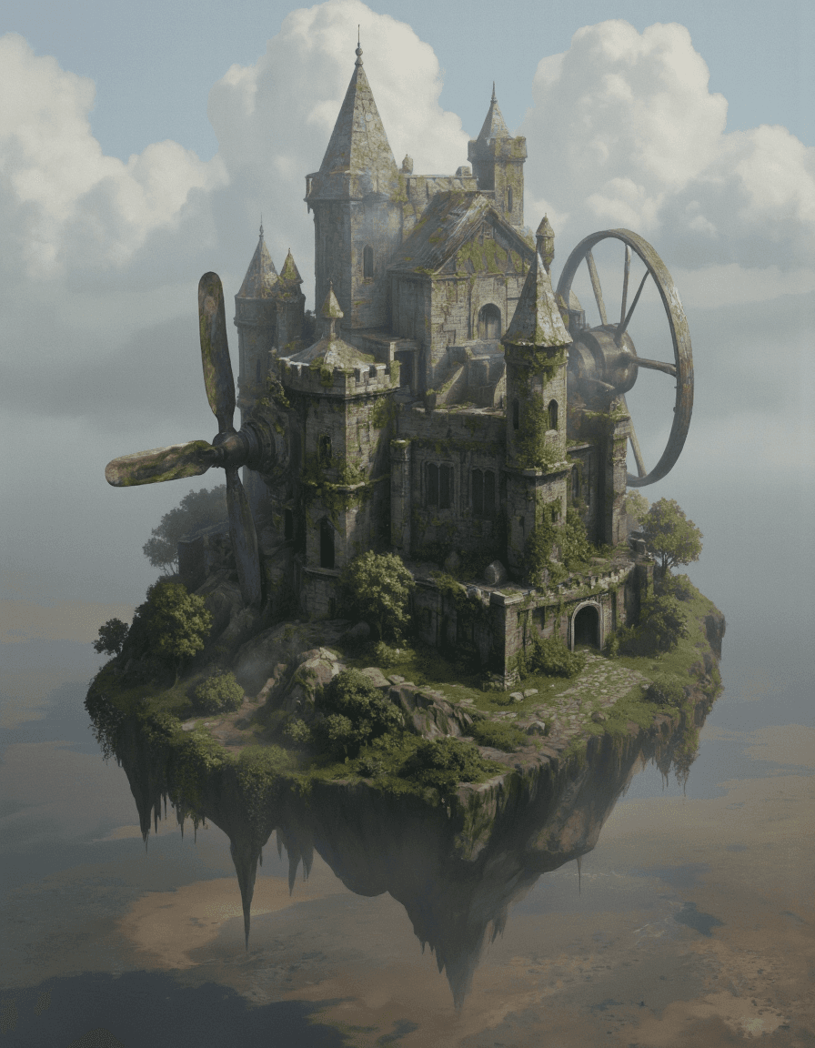 AI generated: An atmospheric painting of ancient castle on an island in the sky. The castle is floating in the air...