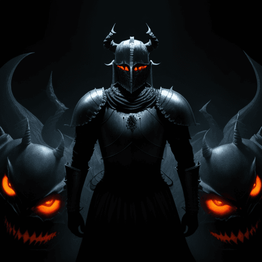 AI generated: knight in a black room. with monsters surrounding him. glowing orange eyes all arownd him