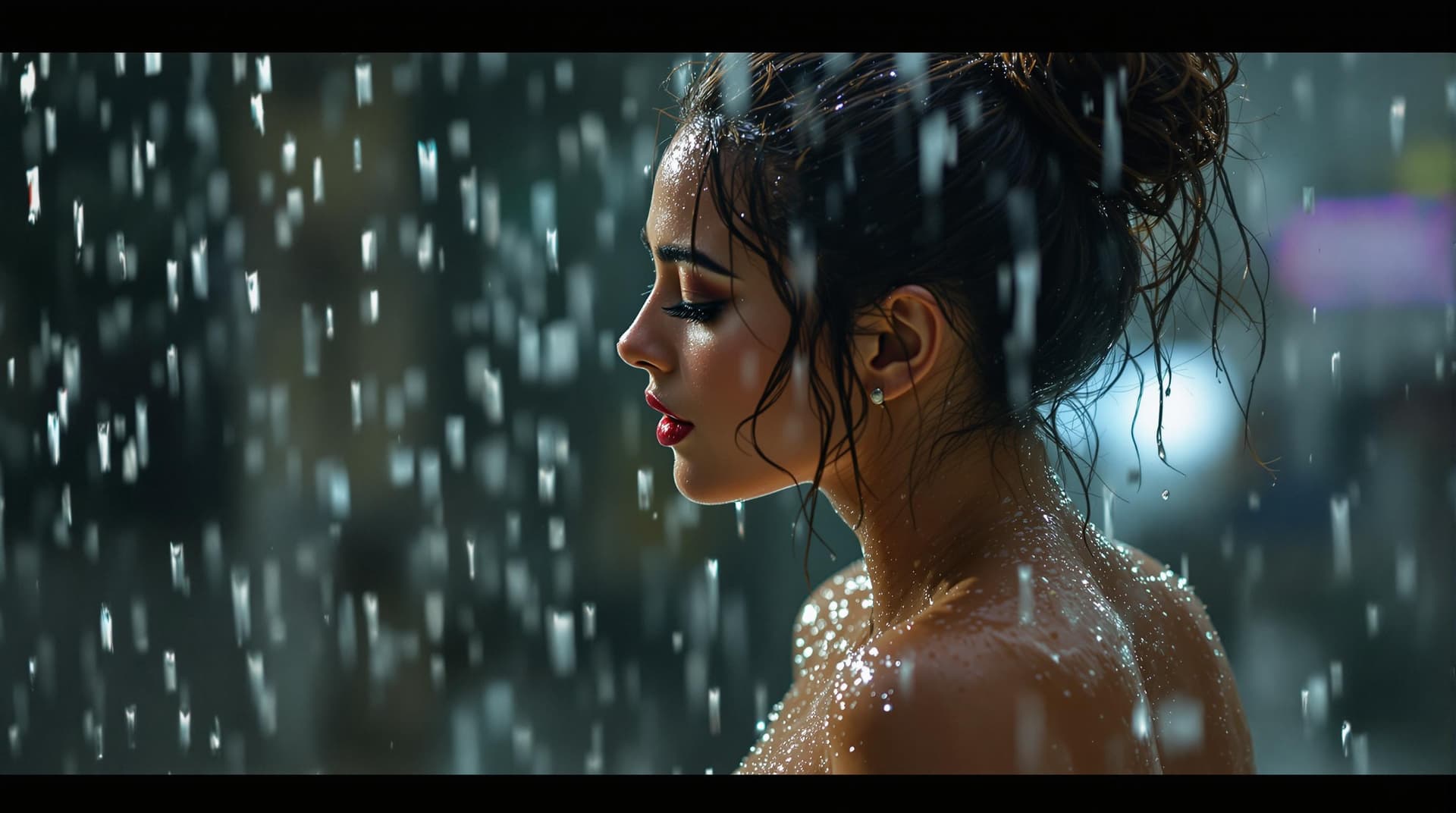 AI generated: A beautiful lady dancing in heavy rain, face and body are wet, messy bun hair  32k UHD, highly detai...