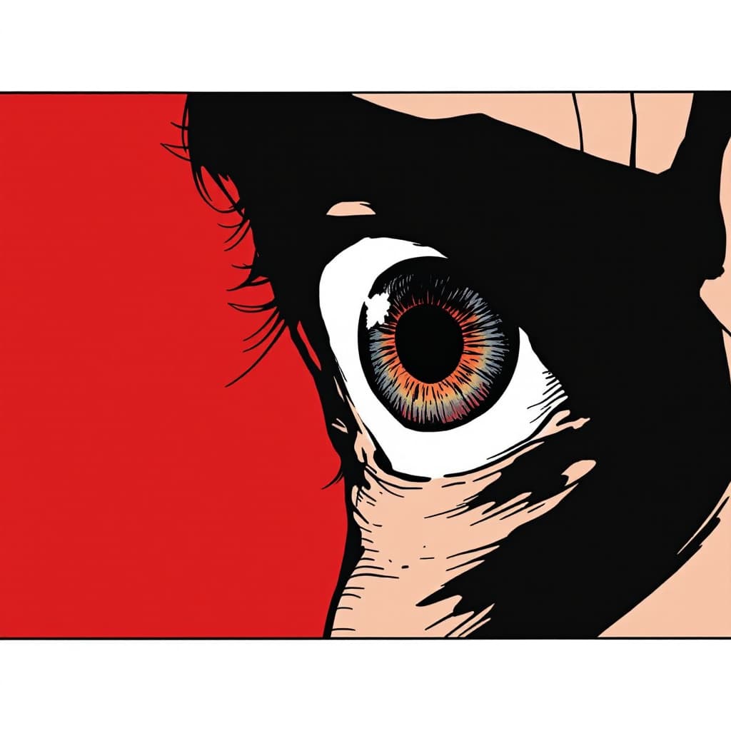AI generated: manga panel of a close-up eye, intense, against a dark red background, in the style of Kentaro Miura...