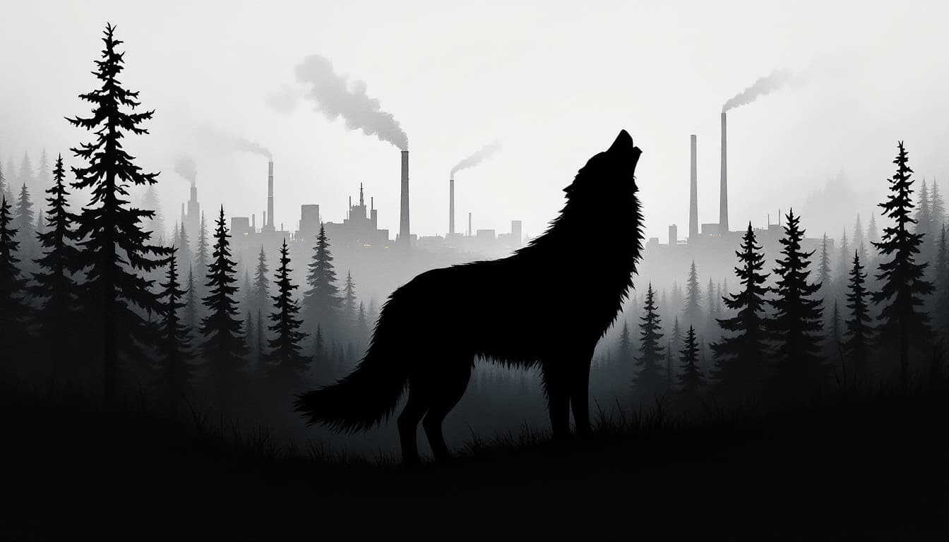 AI generated: oil painting, silhouette of a wolf, howling, low tail, Painting inside wolf silhouette, realistic be...