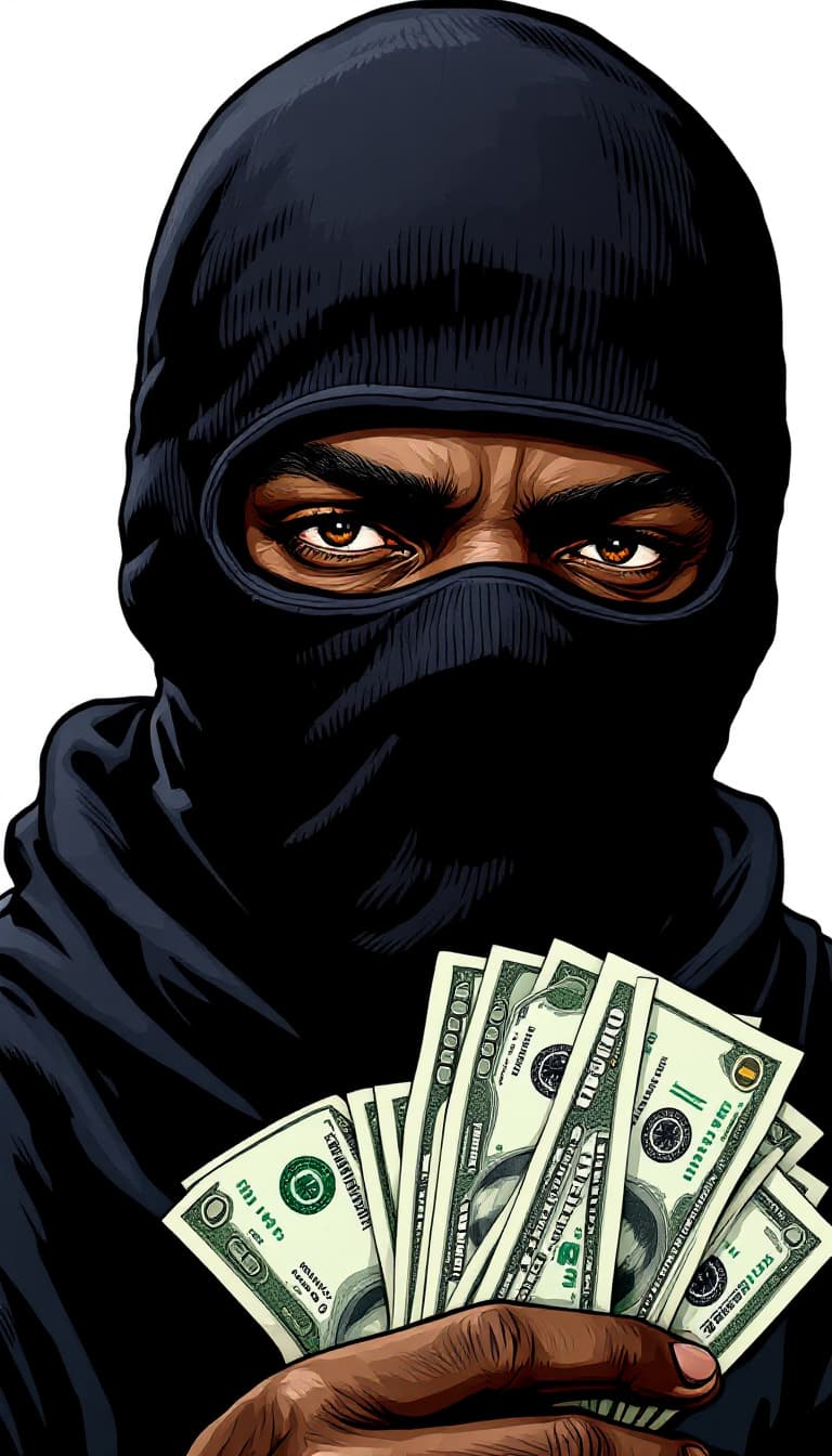 AI generated: a digital art illustration in the style of the boondocks, of a black man wearing a black balaclava, ...
